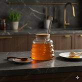 ظرف عسل شیشه ای با درب چوبی و قاشق مخصوص عسل (کارتن 25 عددی)