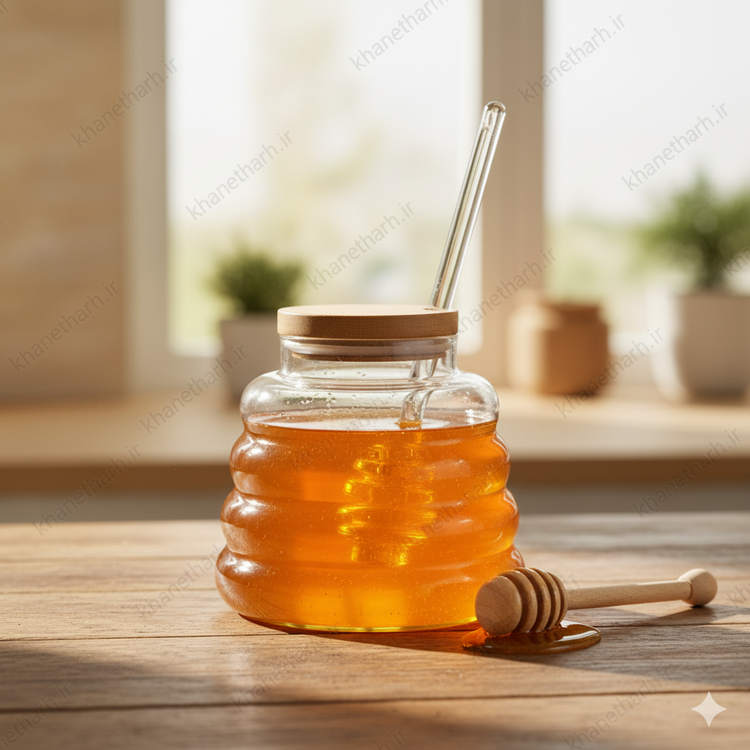 ظرف عسل شیشه ای با درب چوبی و قاشق مخصوص عسل (کارتن 25 عددی)