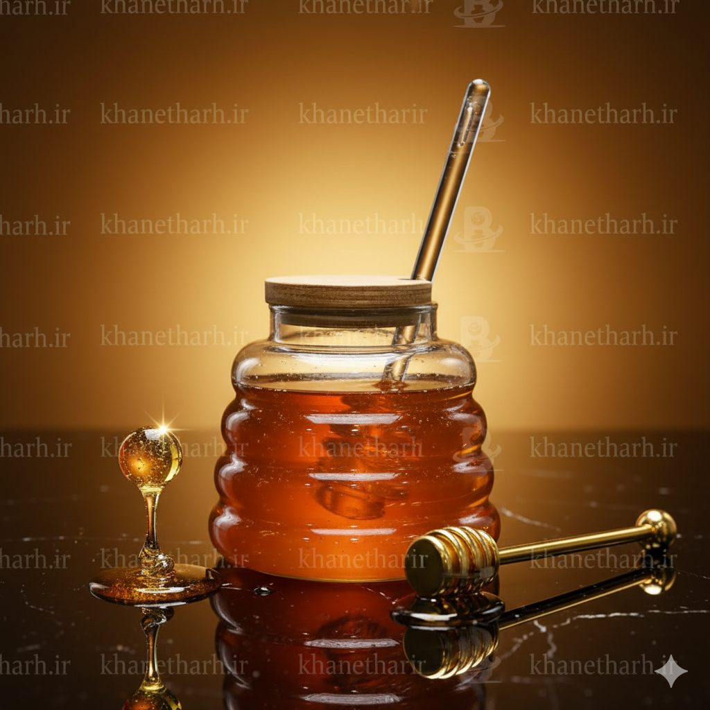ظرف عسل‌ شیشه ای با درب چوبی و قاشق مخصوص عسل (کارتن 25 عددی)