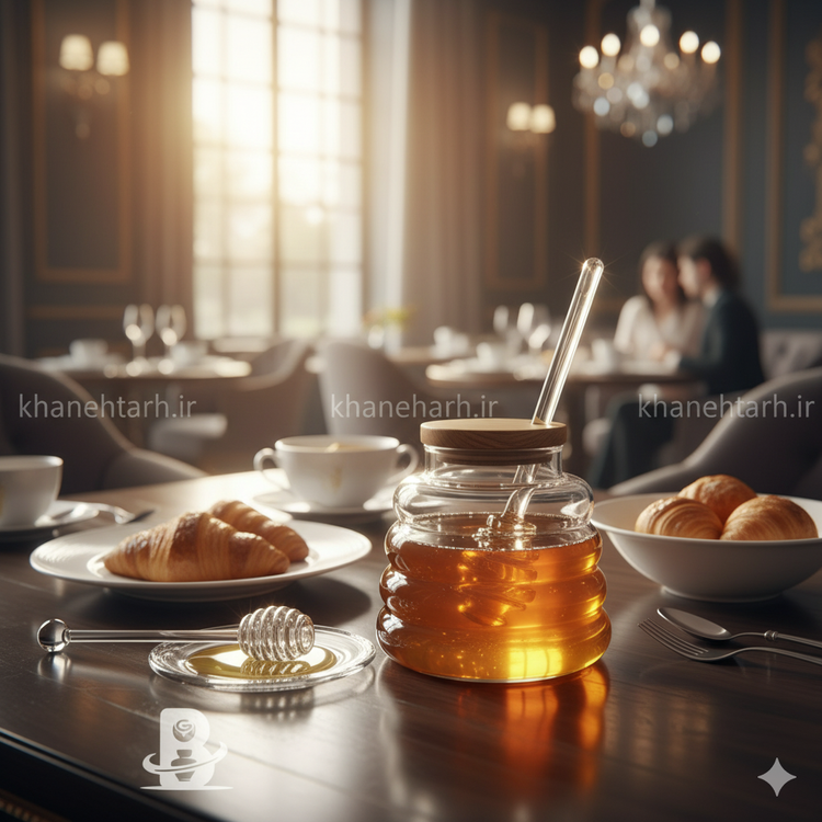 ظرف عسل شیشه ای با درب چوبی و قاشق مخصوص عسل (کارتن 25 عددی)